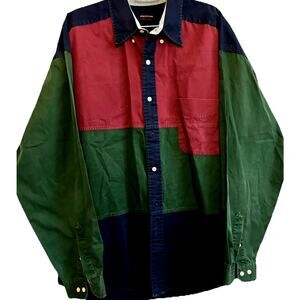 VTG 90s Shirt Mens L Colorblock retro button down 100% Cotton Hip Hop